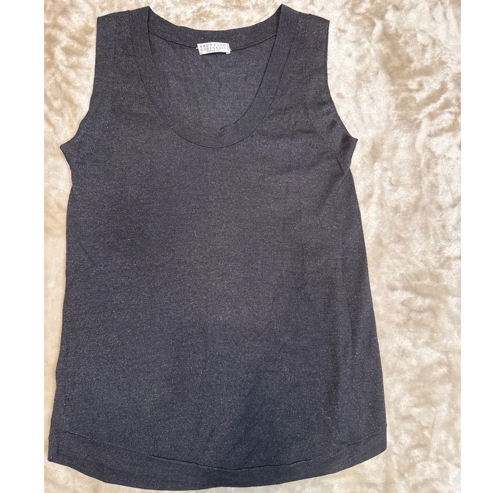 Brunello Cucinelli Cashmere Silk Metallic Knit Tank Top Blck Med Made in Italy - Picture 1 of 7